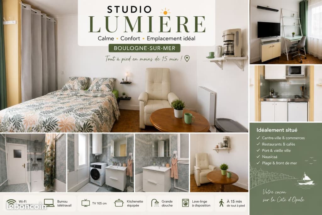 ✨ Studio LUMIÈRE, entièrement meublé pour location étudiante. Calme, confort et emplacement idéal à Boulogne-sur-Mer. Apportez juste vos valises et effets personnels